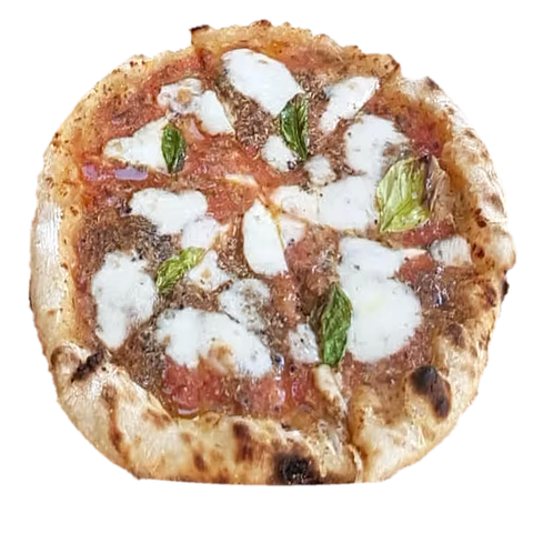 One of Tim's sourdough margheritas, fresh from the oven: blistered crust, tomato, torn mozzarella and basil
